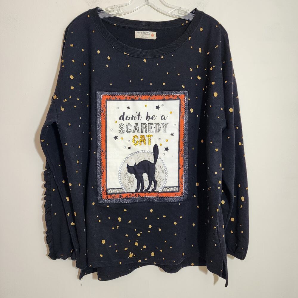 Vtg‎ Ruff Hewn upcycled reverse applique jeweled ruffle sweatshirt woman size XL